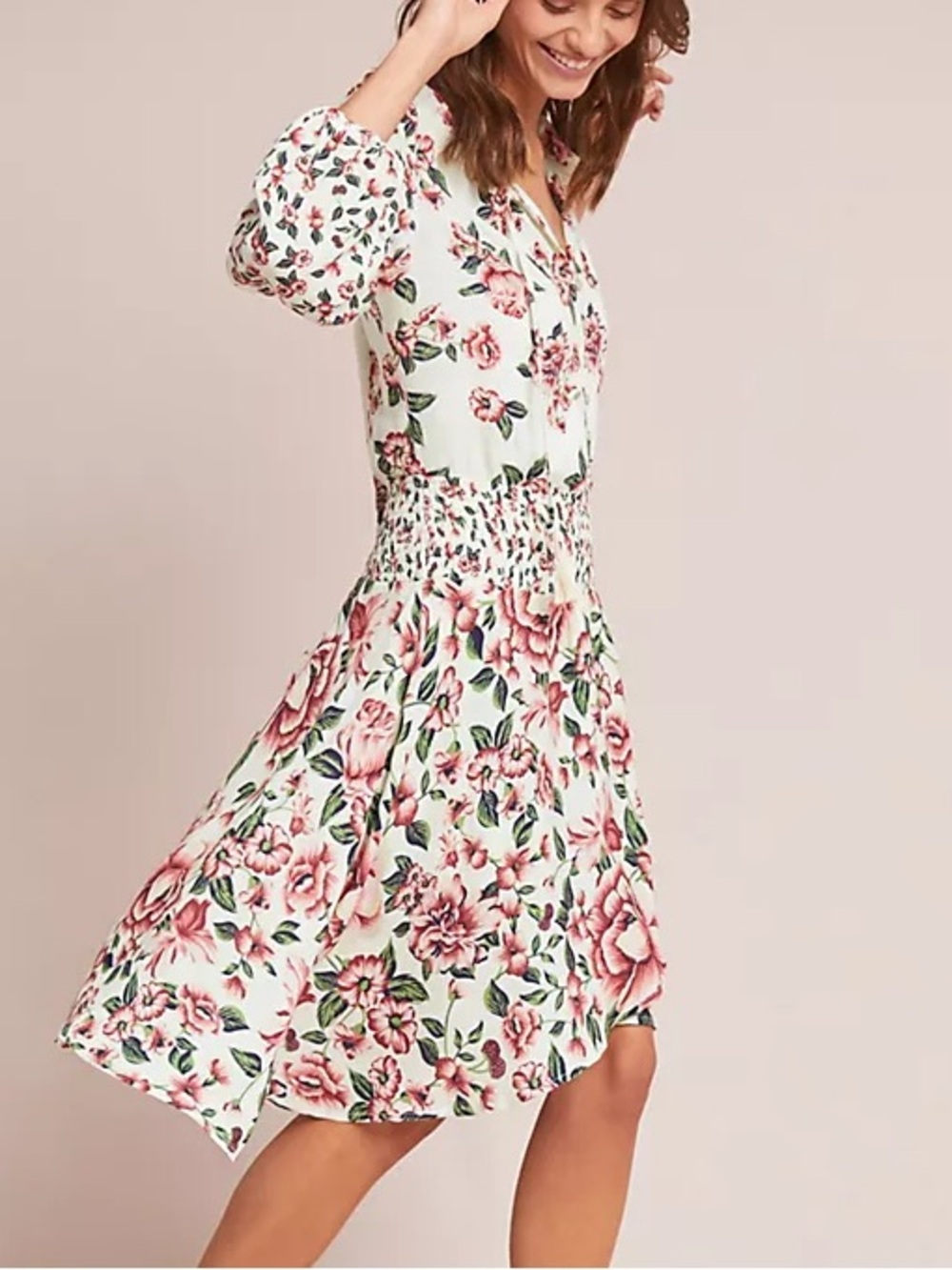 Anthropologie Farm Rio Floral White and Pink Smocked Waist Dress S-Petite
